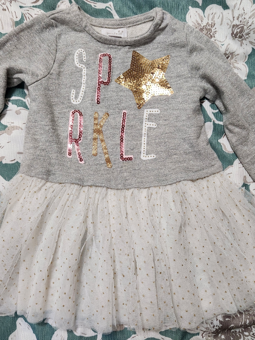 Mud Pie Gray Sparkle Sequin Star Tulle Top